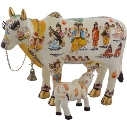 VIVAAN EXIM White Kamdhenu Cow with Calf Idol 19cm Marble Finish Polyresin Figurine
