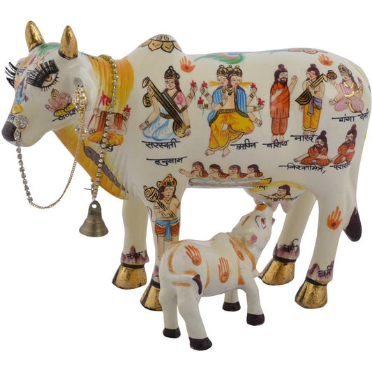 VIVAAN EXIM White Kamdhenu Cow with Calf Idol 19cm Marble Finish Polyresin Figurine