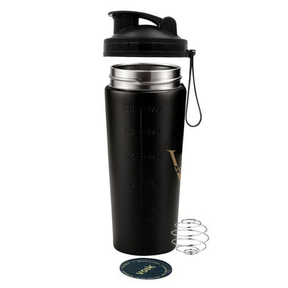 VOIK Stainless Steel Gym Shaker Bottle, 800ml, with Mixer Ball and Carrying Strap, Leakproof Lid