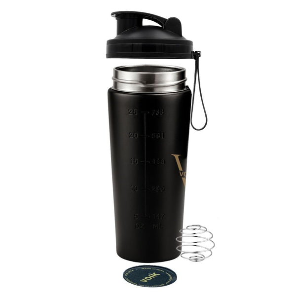 VOIK Stainless Steel Gym Shaker Bottle, 800ml, with Mixer Ball and Carrying Strap, Leakproof Lid