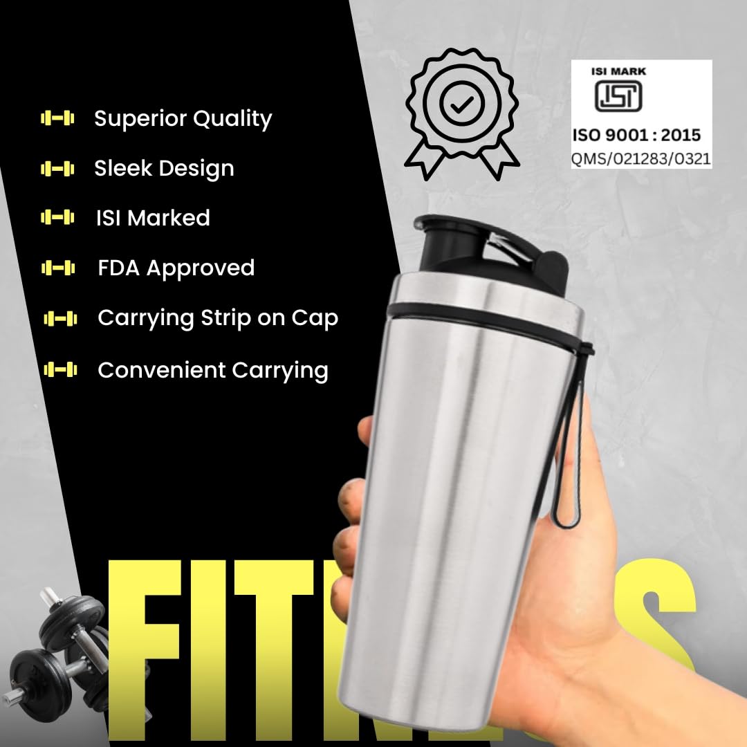 VOIK Stainless Steel Gym Shaker Bottle, 800ml, with Mixer Ball and Carrying Strap, Leakproof Lid - front view (10)