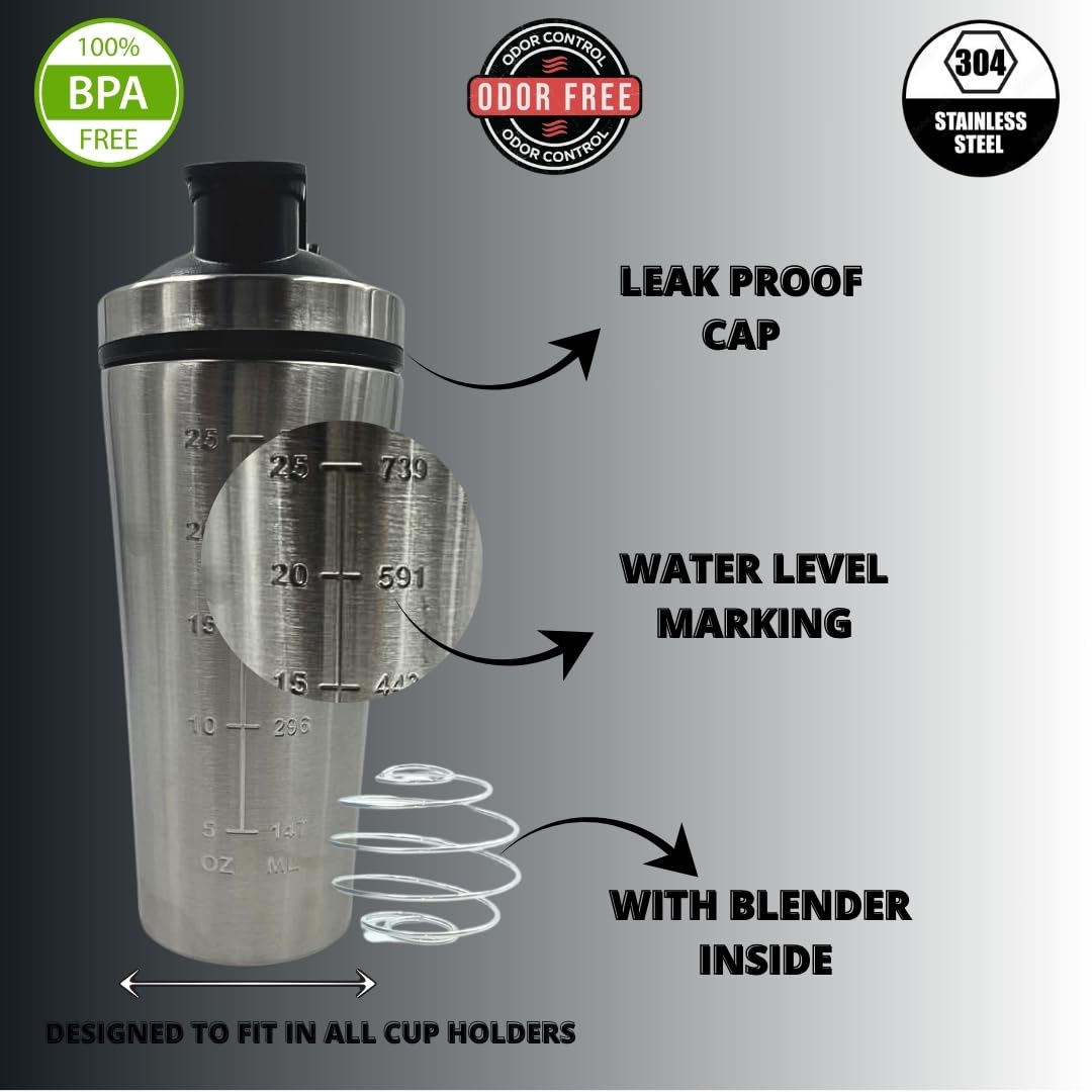 VOIK Stainless Steel Gym Shaker Bottle, 800ml, with Mixer Ball and Carrying Strap, Leakproof Lid - back view (11)