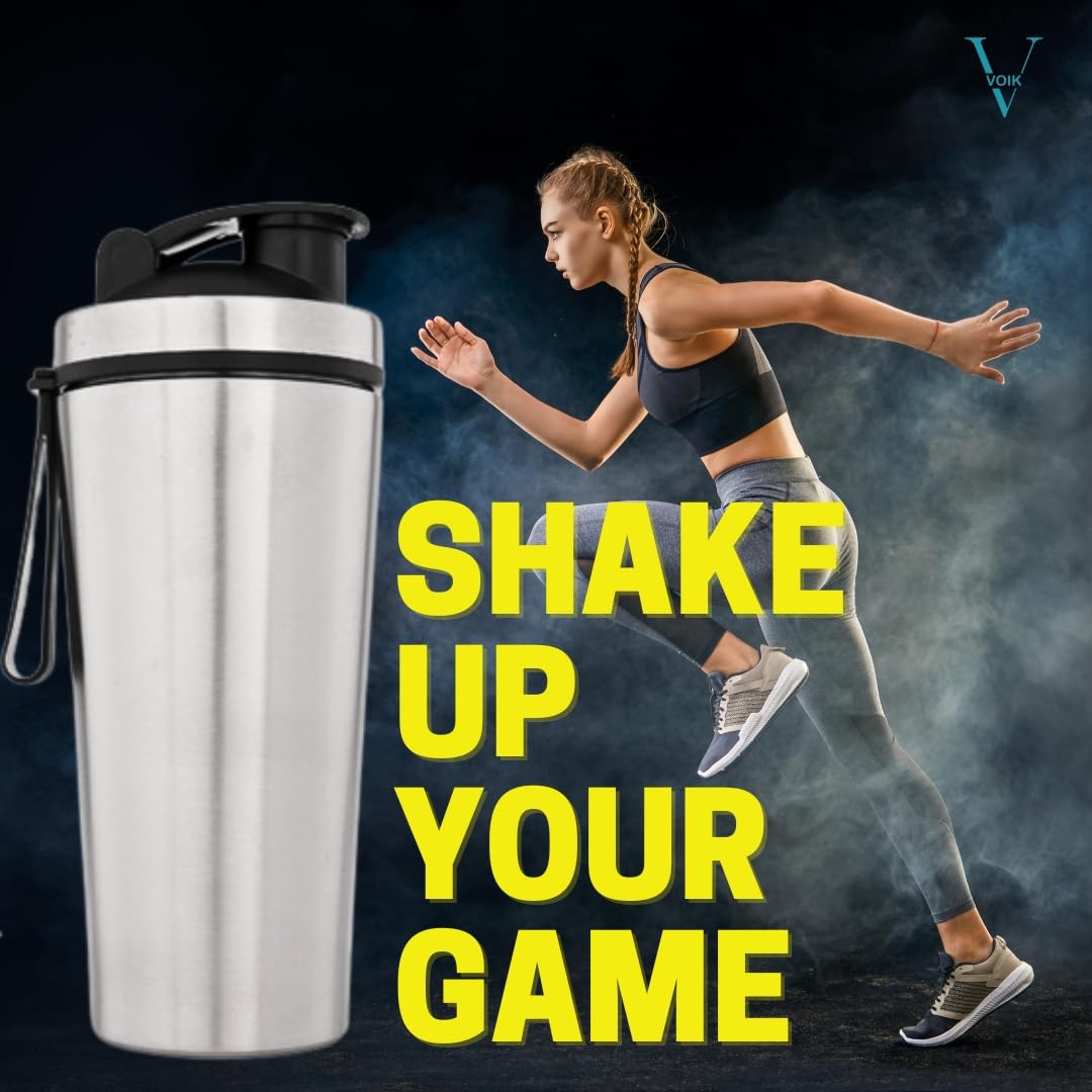 VOIK Stainless Steel Gym Shaker Bottle, 800ml, with Mixer Ball and Carrying Strap, Leakproof Lid - label detail (13)