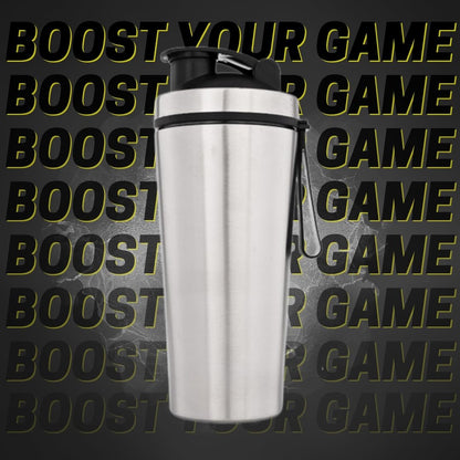 VOIK Stainless Steel Gym Shaker Bottle, 800ml, with Mixer Ball and Carrying Strap, Leakproof Lid - in use (16)