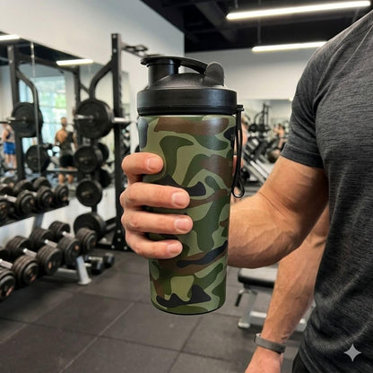 VOIK Stainless Steel Gym Shaker Bottle, 800ml, with Mixer Ball and Carrying Strap, Leakproof Lid - front view (18)