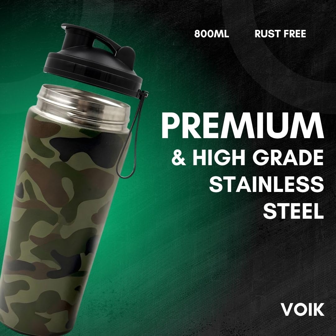 VOIK Stainless Steel Gym Shaker Bottle, 800ml, with Mixer Ball and Carrying Strap, Leakproof Lid - back view (19)