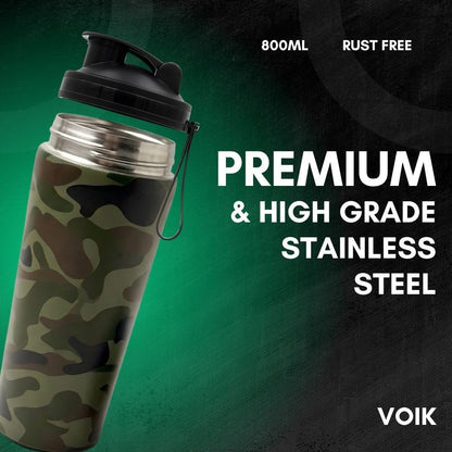 VOIK Stainless Steel Gym Shaker Bottle, 800ml, with Mixer Ball and Carrying Strap, Leakproof Lid - back view (19)