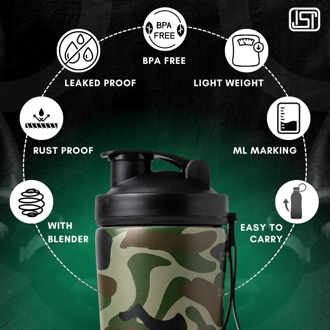 VOIK Stainless Steel Gym Shaker Bottle, 800ml, with Mixer Ball and Carrying Strap, Leakproof Lid - packaging (20)