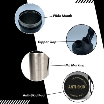 VOIK Stainless Steel Gym Shaker Bottle, 800ml, with Mixer Ball and Carrying Strap, Leakproof Lid - label detail (21)