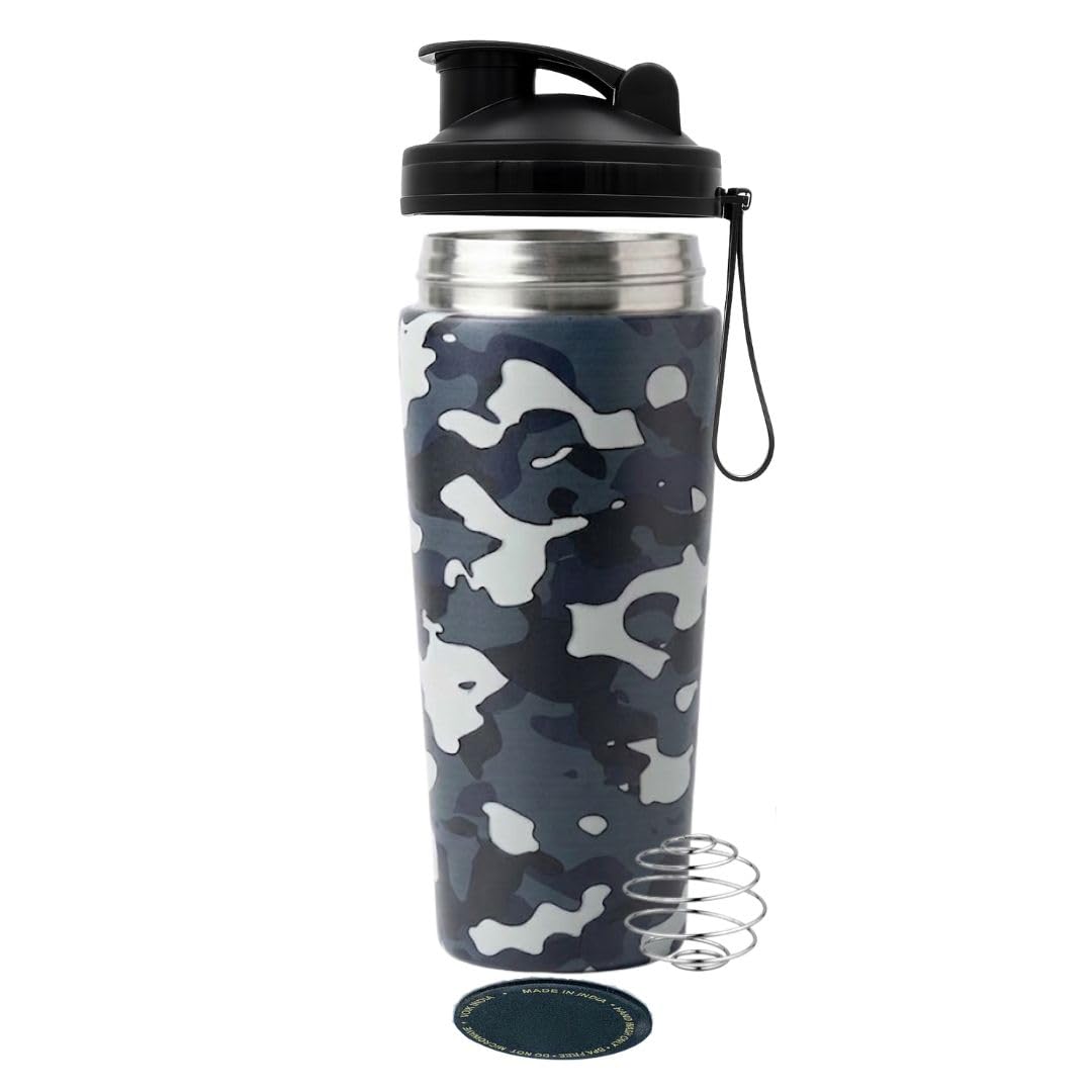 VOIK Stainless Steel Gym Shaker Bottle, 800ml, with Mixer Ball and Carrying Strap, Leakproof Lid (24)