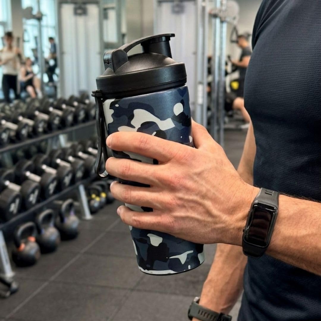 VOIK Stainless Steel Gym Shaker Bottle, 800ml, with Mixer Ball and Carrying Strap, Leakproof Lid - front view (25)