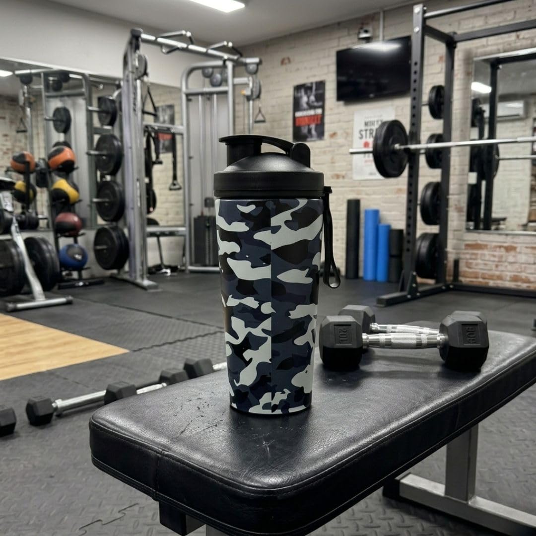 VOIK Stainless Steel Gym Shaker Bottle, 800ml, with Mixer Ball and Carrying Strap, Leakproof Lid - back view (26)
