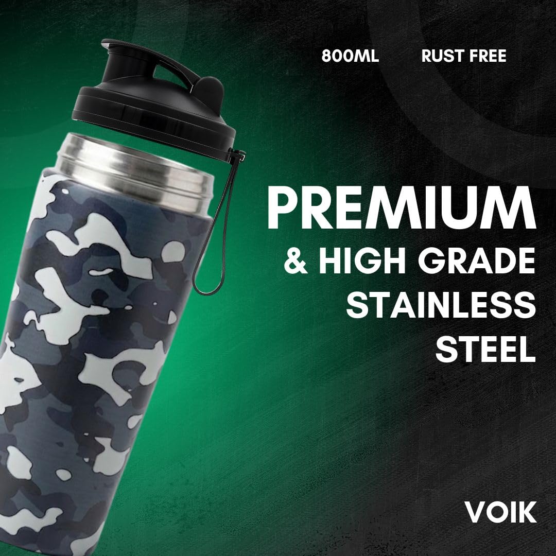 VOIK Stainless Steel Gym Shaker Bottle, 800ml, with Mixer Ball and Carrying Strap, Leakproof Lid - packaging (27)