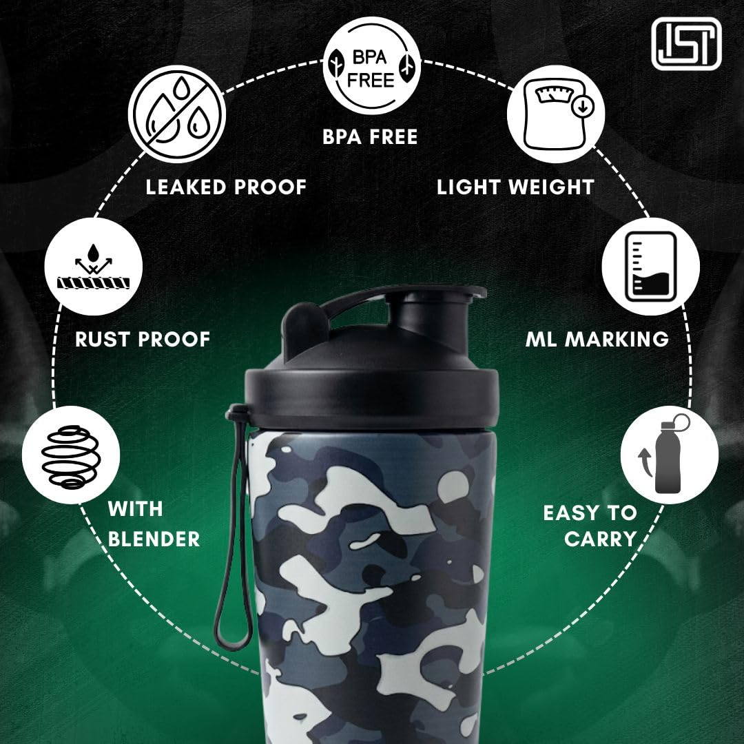 VOIK Stainless Steel Gym Shaker Bottle, 800ml, with Mixer Ball and Carrying Strap, Leakproof Lid - label detail (28)