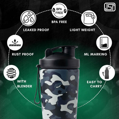 VOIK Stainless Steel Gym Shaker Bottle, 800ml, with Mixer Ball and Carrying Strap, Leakproof Lid - label detail (28)