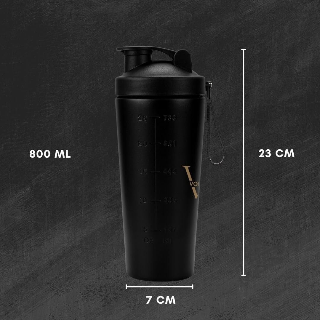 VOIK Stainless Steel Gym Shaker Bottle, 800ml, with Mixer Ball and Carrying Strap, Leakproof Lid - back view