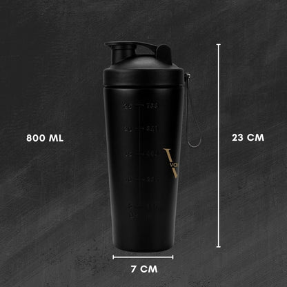 VOIK Stainless Steel Gym Shaker Bottle, 800ml, with Mixer Ball and Carrying Strap, Leakproof Lid - back view
