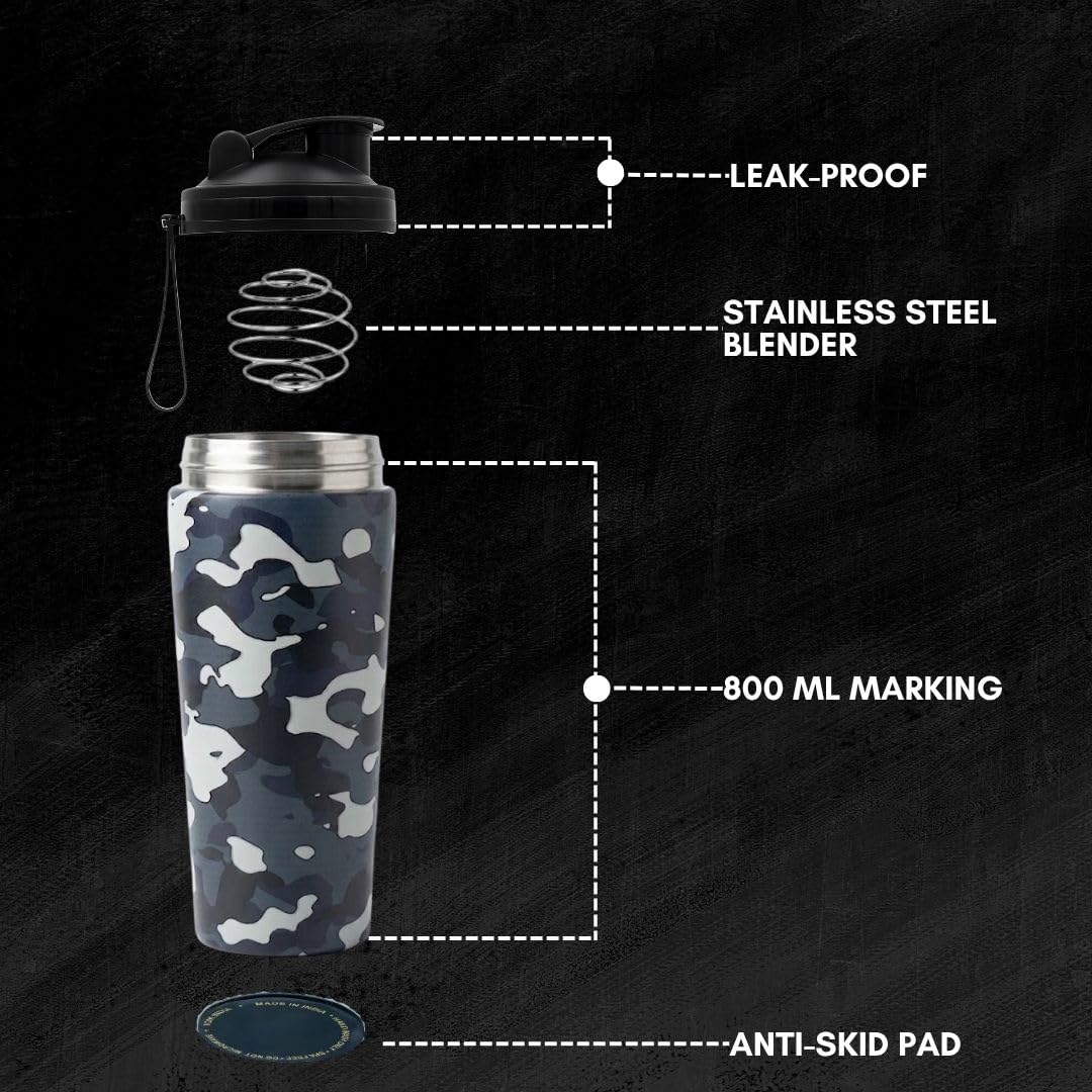 VOIK Stainless Steel Gym Shaker Bottle, 800ml, with Mixer Ball and Carrying Strap, Leakproof Lid - close-up detail (30)