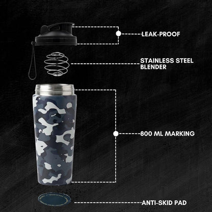 VOIK Stainless Steel Gym Shaker Bottle, 800ml, with Mixer Ball and Carrying Strap, Leakproof Lid - close-up detail (30)