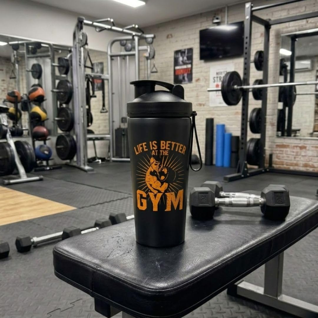 VOIK Stainless Steel Gym Shaker Bottle, 800ml, with Mixer Ball and Carrying Strap, Leakproof Lid - front view (33)