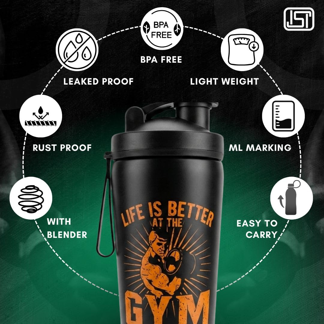 VOIK Stainless Steel Gym Shaker Bottle, 800ml, with Mixer Ball and Carrying Strap, Leakproof Lid - back view (34)