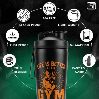 VOIK Stainless Steel Gym Shaker Bottle, 800ml, with Mixer Ball and Carrying Strap, Leakproof Lid - back view (34)