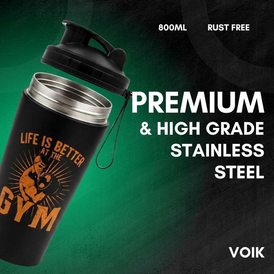 VOIK Stainless Steel Gym Shaker Bottle, 800ml, with Mixer Ball and Carrying Strap, Leakproof Lid - packaging (35)