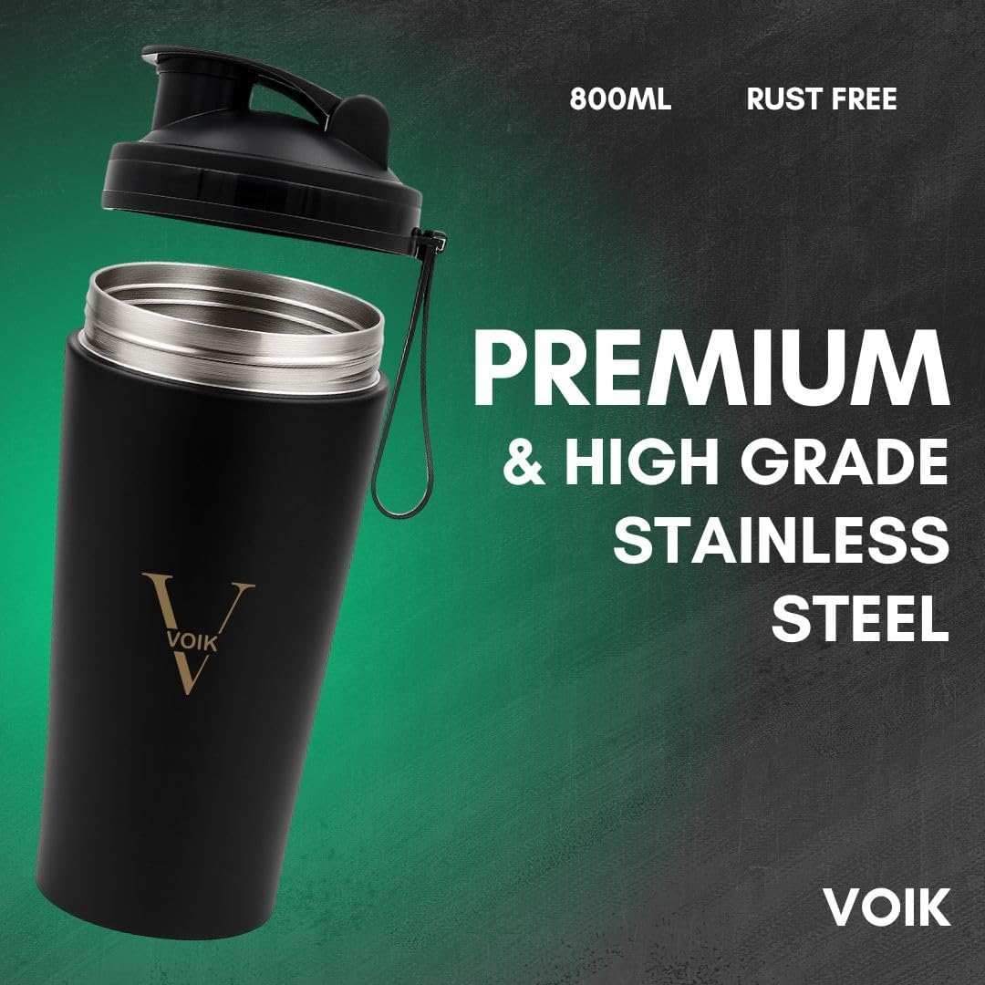 VOIK Stainless Steel Gym Shaker Bottle, 800ml, with Mixer Ball and Carrying Strap, Leakproof Lid - label detail