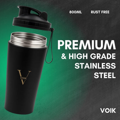 VOIK Stainless Steel Gym Shaker Bottle, 800ml, with Mixer Ball and Carrying Strap, Leakproof Lid - label detail