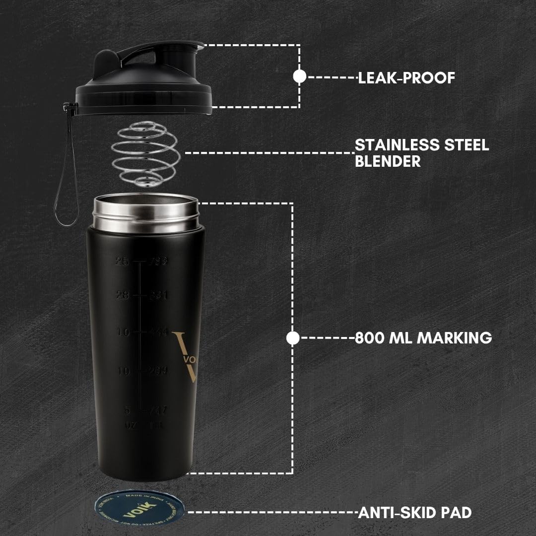 VOIK Stainless Steel Gym Shaker Bottle, 800ml, with Mixer Ball and Carrying Strap, Leakproof Lid - size and scale