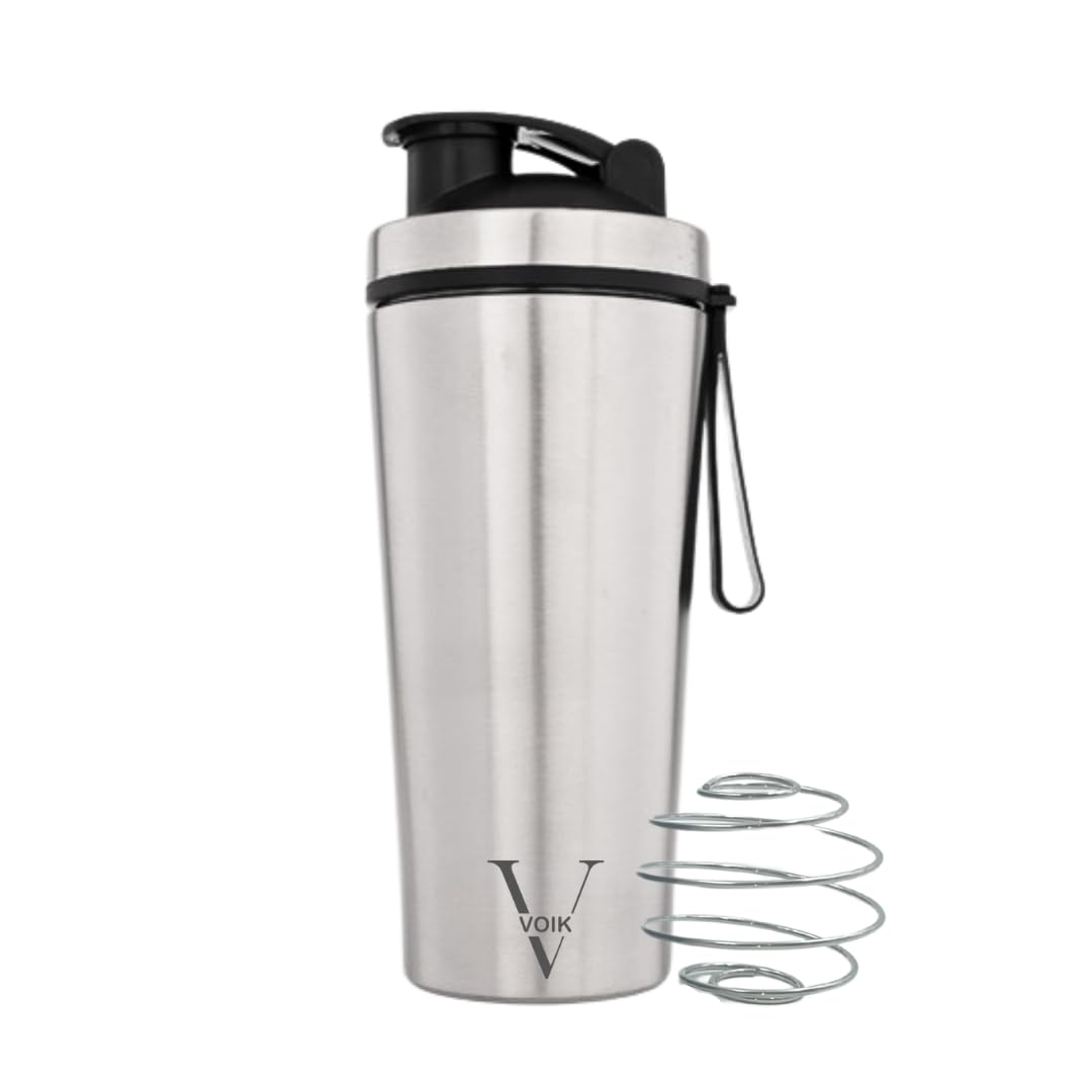 VOIK Stainless Steel Gym Shaker Bottle, 800ml, with Mixer Ball and Carrying Strap, Leakproof Lid (9)