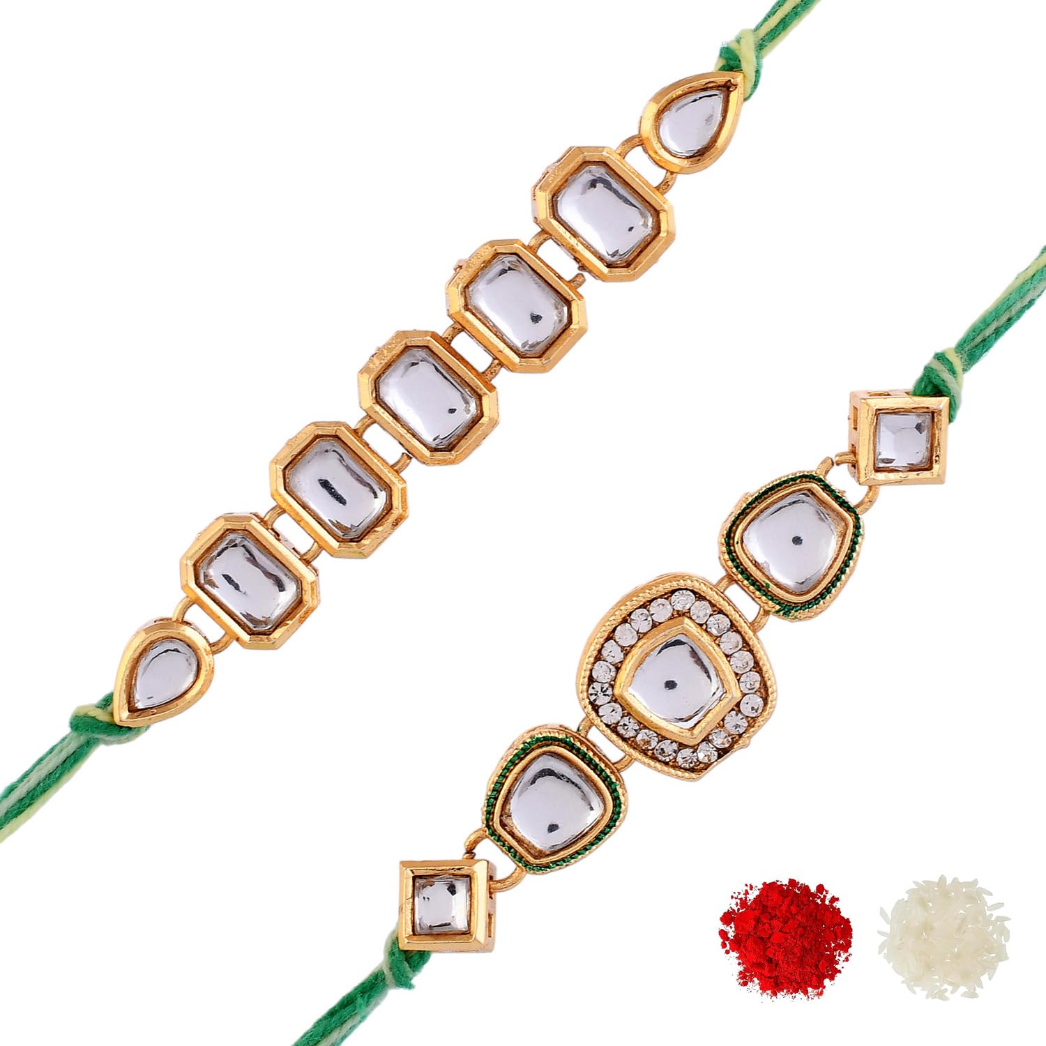 VOYLLA Faux Kundan Traditional Thread Rakhis, Pack of 2, Rakhi Combo for Brother