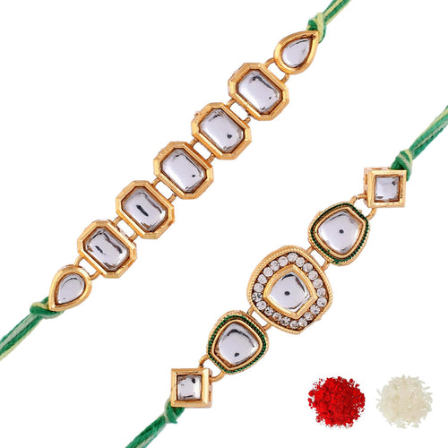 VOYLLA Faux Kundan Traditional Thread Rakhis, Pack of 2, Rakhi Combo for Brother
