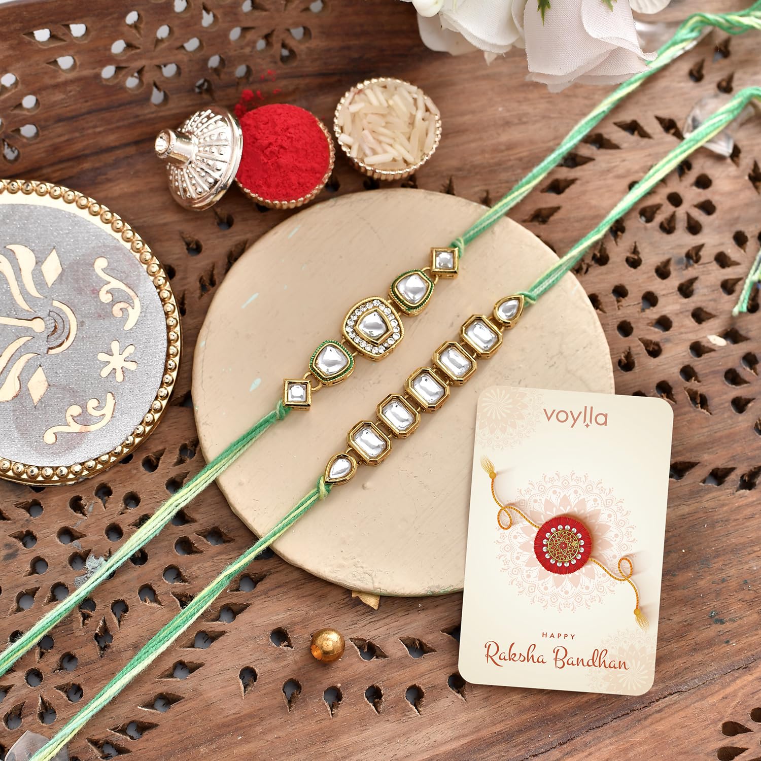 VOYLLA Faux Kundan Traditional Thread Rakhis, Pack of 2, Rakhi Combo for Brother - front view
