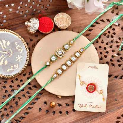 VOYLLA Faux Kundan Traditional Thread Rakhis, Pack of 2, Rakhi Combo for Brother - front view