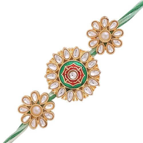 VOYLLA Kundan Enameled Floral Rakhi With Roli Chawal Pack -Rakhi For Brother