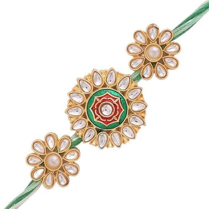 VOYLLA Kundan Enameled Floral Rakhi With Roli Chawal Pack -Rakhi For Brother