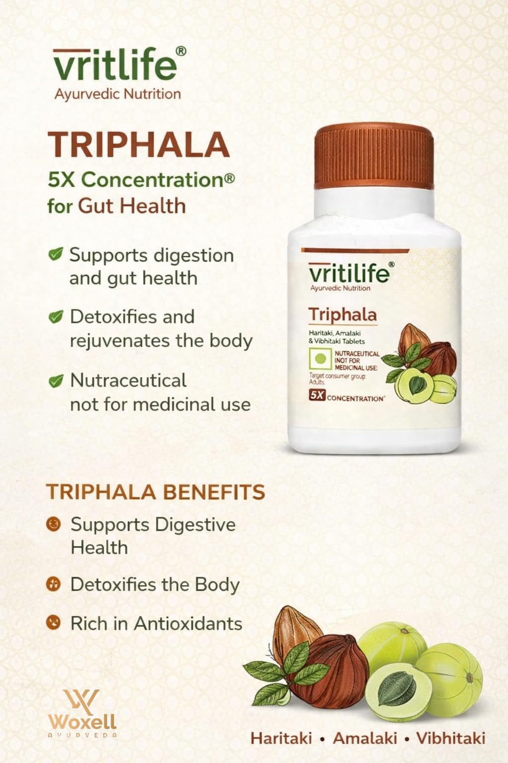 Vritilife Triphala Tablets, 5X Concentration, 60 Tablets, Ayurvedic Supplement - front view
