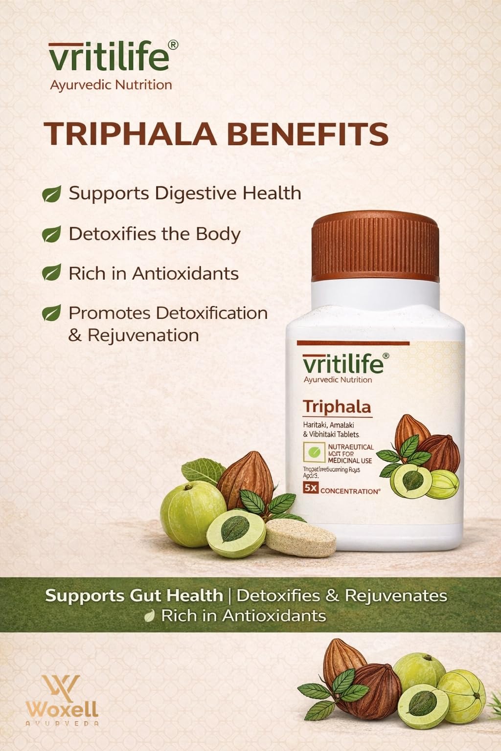 Vritilife Triphala Tablets, 5X Concentration, 60 Tablets, Ayurvedic Supplement - back view