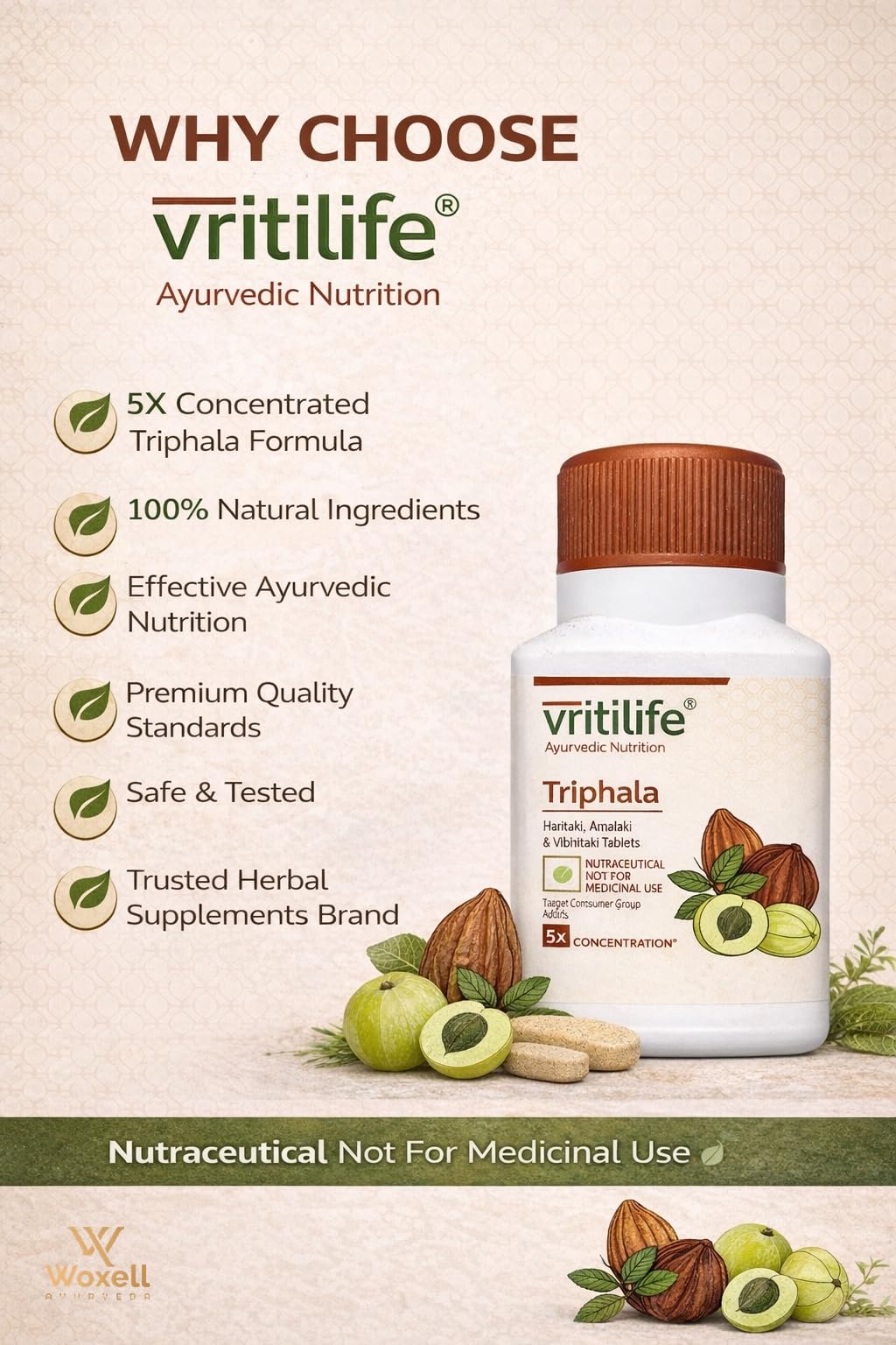 Vritilife Triphala Tablets, 5X Concentration, 60 Tablets, Ayurvedic Supplement - packaging