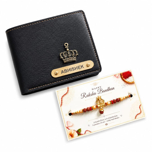 VS Gifts Personalized Leather Wallet with Rakhi and Gift Card, Raksha Bandhan Gift Set for Brother