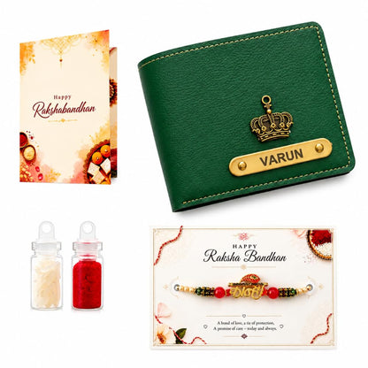 VS Gifts Personalized Leather Wallet with Rakhi and Gift Card, Raksha Bandhan Gift Set for Brother - front view (12)