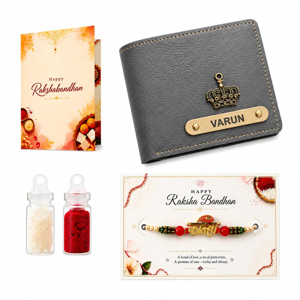 VS Gifts Personalized Leather Wallet with Rakhi and Gift Card, Raksha Bandhan Gift Set for Brother - front view (17)