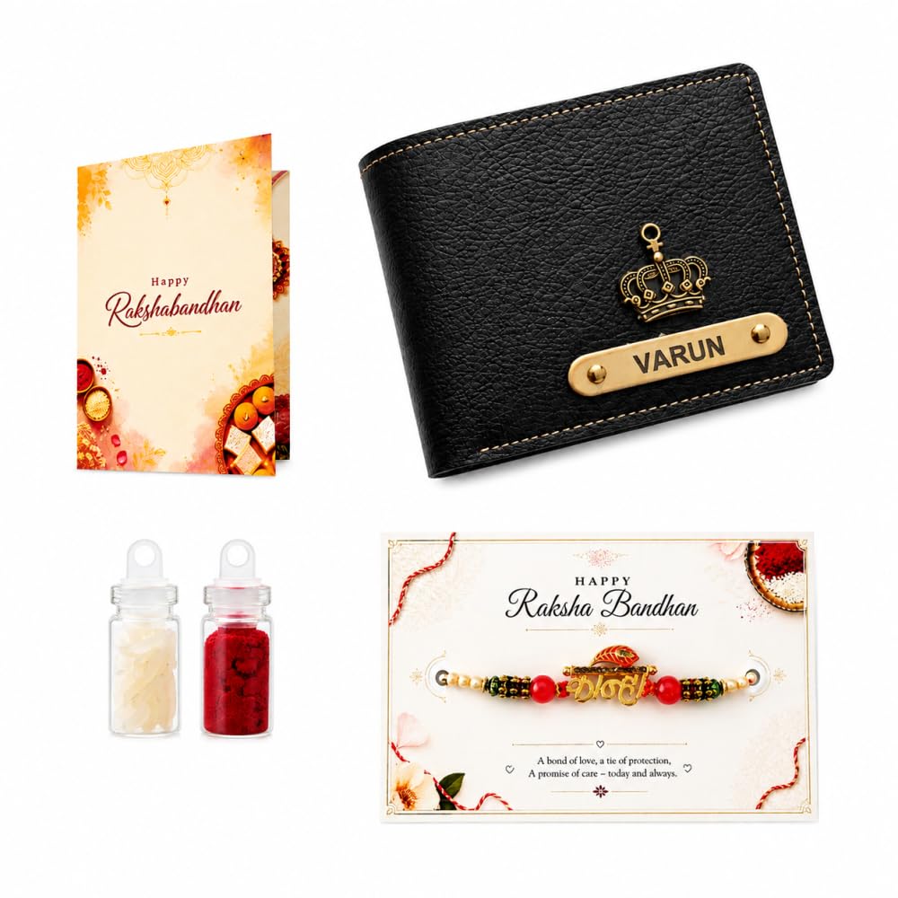 VS Gifts Personalized Leather Wallet with Rakhi and Gift Card, Raksha Bandhan Gift Set for Brother - front view