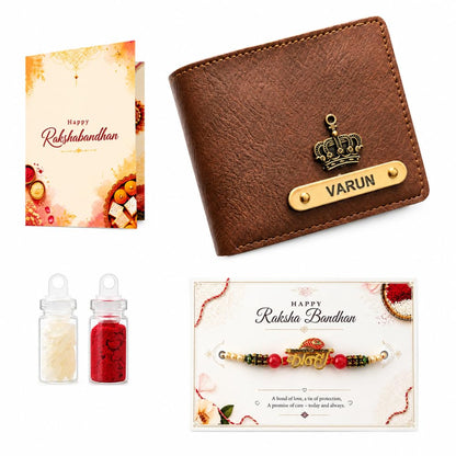 VS Gifts Personalized Leather Wallet with Rakhi and Gift Card, Raksha Bandhan Gift Set for Brother - front view (22)