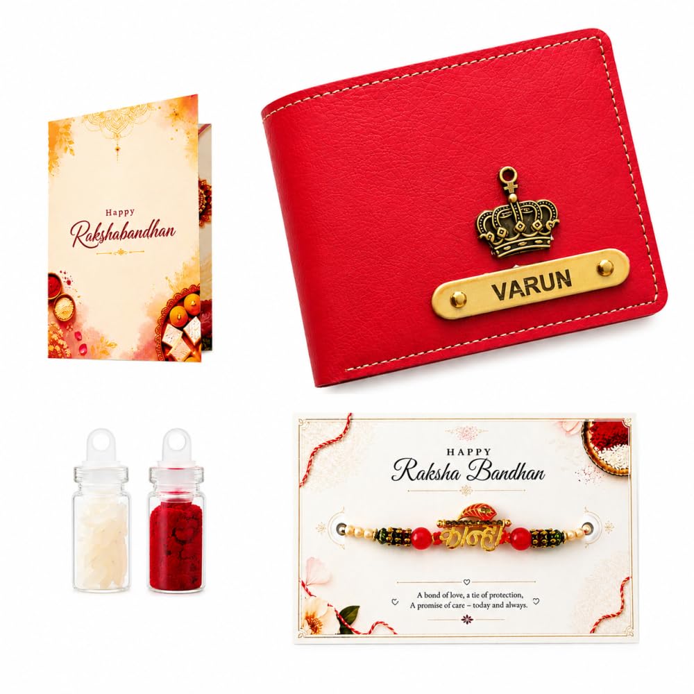 VS Gifts Personalized Leather Wallet with Rakhi and Gift Card, Raksha Bandhan Gift Set for Brother - front view (26)