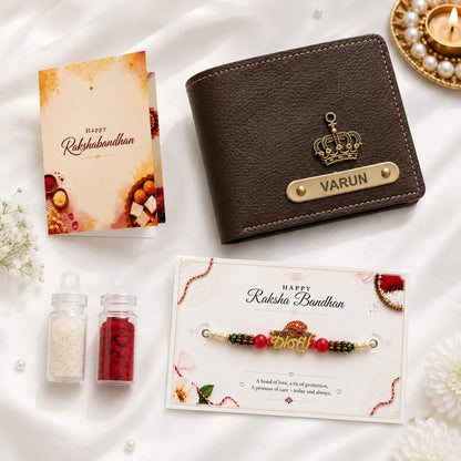 VS Gifts Personalized Leather Wallet with Rakhi and Gift Card, Raksha Bandhan Gift Set for Brother - back view