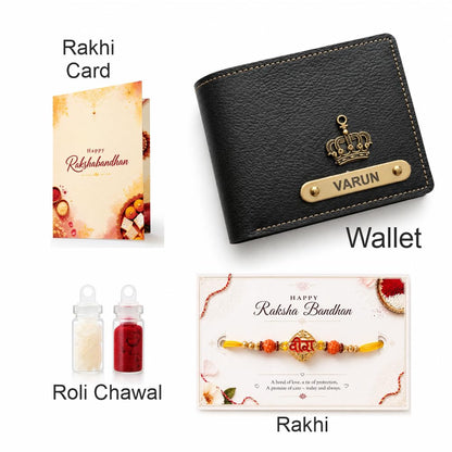 VS Gifts Personalized Leather Wallet with Rakhi and Gift Card, Raksha Bandhan Gift Set for Brother - close-up detail
