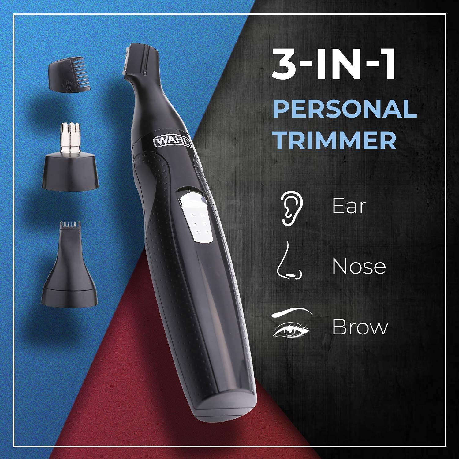 Wahl Cordless Mini Groomsman 3 in 1 Trimmer Kit - Stainless Steel Blades, Nose/Ear/Eyebrow Trimmer, Black - back view