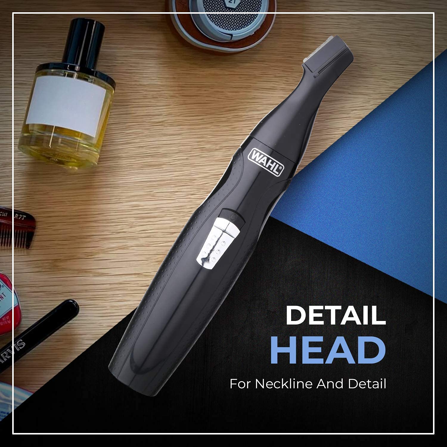 Wahl Cordless Mini Groomsman 3 in 1 Trimmer Kit - Stainless Steel Blades, Nose/Ear/Eyebrow Trimmer, Black - close-up detail